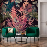 Papier peint Motif floral coloré avec oiseaux et papillons
