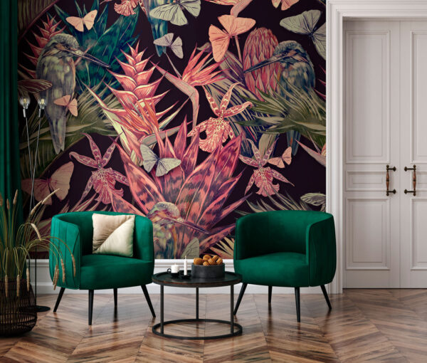 Motif floral coloré avec oiseaux et papillons Papier peint Motif floral coloré avec oiseaux et papillons