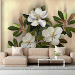 Papier peint Fleurs élégantes avec des feuilles vertes luxuriantes