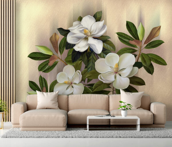 Fleurs élégantes avec des feuilles vertes luxuriantes Papier peint Fleurs élégantes avec des feuilles vertes luxuriantes