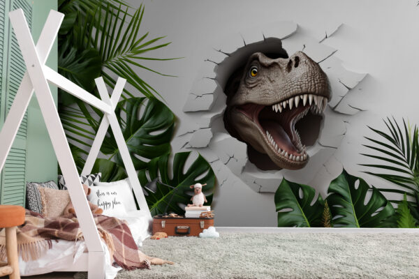 Un dinosaure émerge d'un mur fissuré Papier peint Un dinosaure émerge d'un mur fissuré