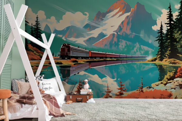 Train passant devant une montagne Papier peint Train passant devant une montagne