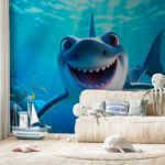 Papier peint Un requin souriant nage avec ses amis.