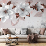 Papier peint Fleur blanche avec des feuilles brunes
