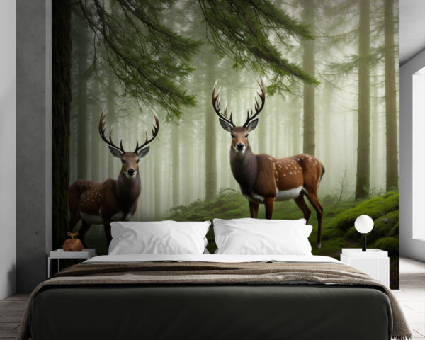 Des cerfs se tiennent majestueusement dans une forêt brumeuse Papier peint Des cerfs se tiennent majestueusement dans une forêt brumeuse