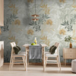 Papier peint Motif floral avec feuilles détaillées.