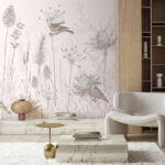 Papier peint Oiseaux parmi les fleurs sauvages en harmonie.
