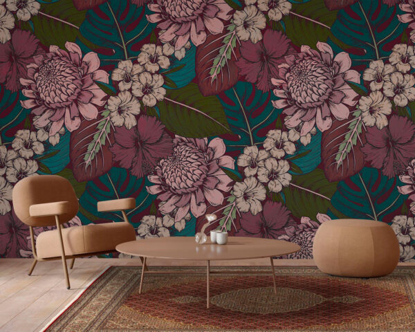 Motif de fleurs et de feuilles Papier peint Motif de fleurs et de feuilles