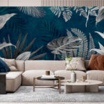 Papier peint Feuilles tropicales sur fond sarcelle