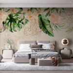 Papier peint Peinture de fleurs et de feuilles
