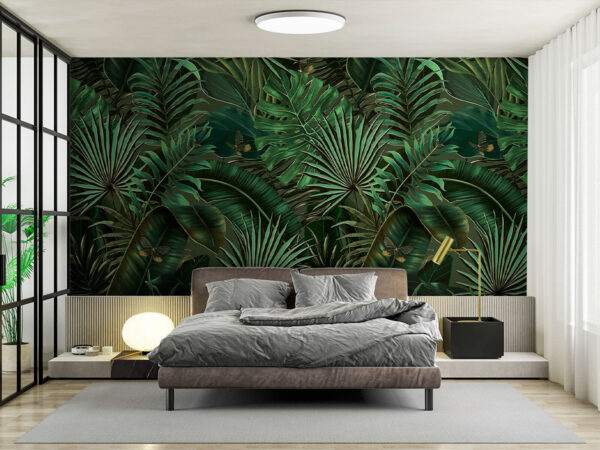 Feuilles de jungle luxuriantes avec papillons Papier peint Feuilles de jungle luxuriantes avec papillons