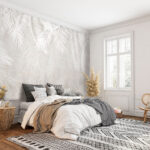 Papier peint Feuilles blanches sur fond gris