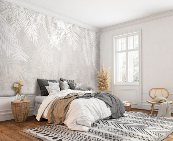Feuilles blanches sur fond gris Papier peint Feuilles blanches sur fond gris