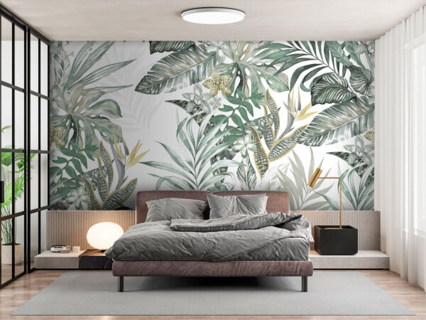 Papier peint Papier peint Feuilles tropicales avec des fleurs délicates. (UGS : u94199)