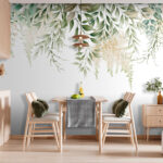 Papier peint Des feuilles et des fleurs élégantes tombent en cascade