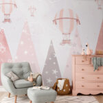 Papier peint Montgolfière rayée rose et blanche