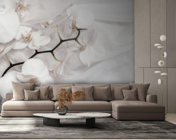 Orchidées blanches sur un tissu blanc Papier peint Orchidées blanches sur un tissu blanc