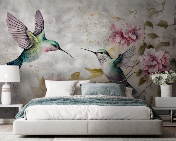 Les colibris dansent parmi les fleurs délicates Papier peint Les colibris dansent parmi les fleurs délicates