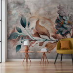 Papier peint Art floral abstrait avec des feuilles tourbillonnantes.