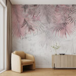 Papier peint Feuilles de palmier pastel sur fond blanc.