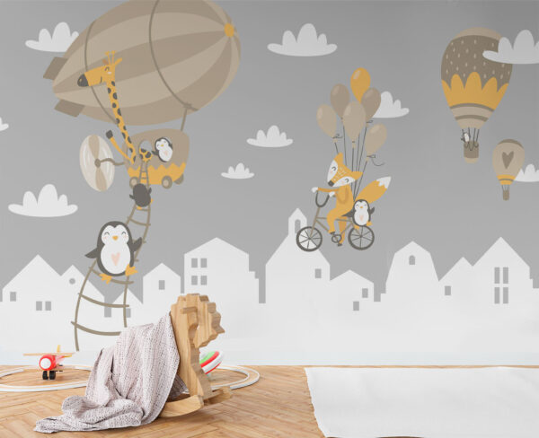 Girafe et pingouin en montgolfière Papier peint Girafe et pingouin en montgolfière