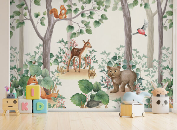Animaux de la forêt parmi les arbres Papier peint Animaux de la forêt parmi les arbres