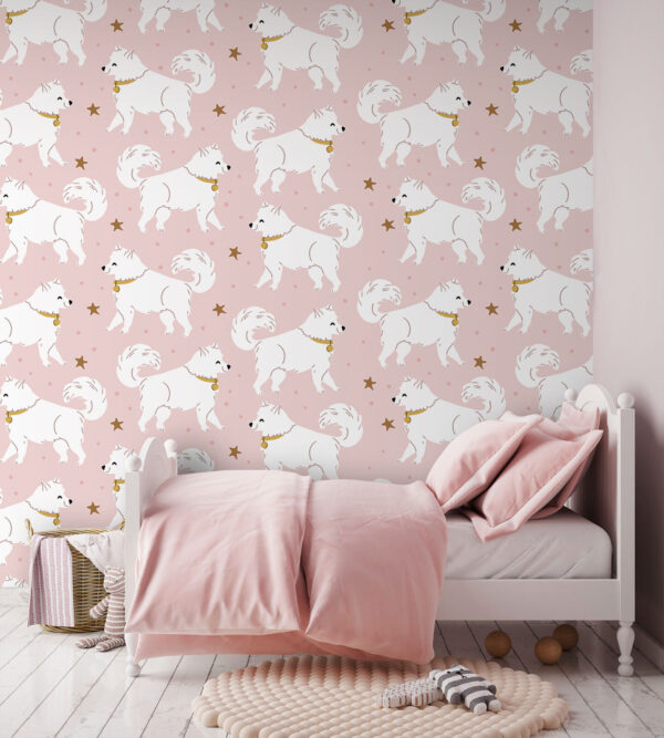 Chiens et étoiles blancs sur fond rose Papier peint Chiens et étoiles blancs sur fond rose