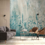 Papier peint Silhouettes bleues de fleurs sauvages sur toile.