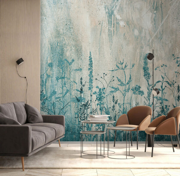 Silhouettes bleues de fleurs sauvages sur toile Papier peint Silhouettes bleues de fleurs sauvages sur toile