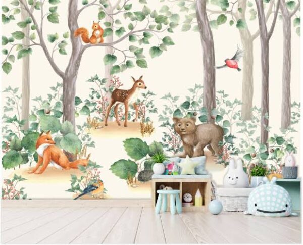 Animaux des bois dans une scène fantaisiste Papier peint Animaux des bois dans une scène fantaisiste