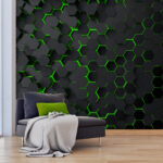 Papier peint Hexagones noirs avec lumière verte