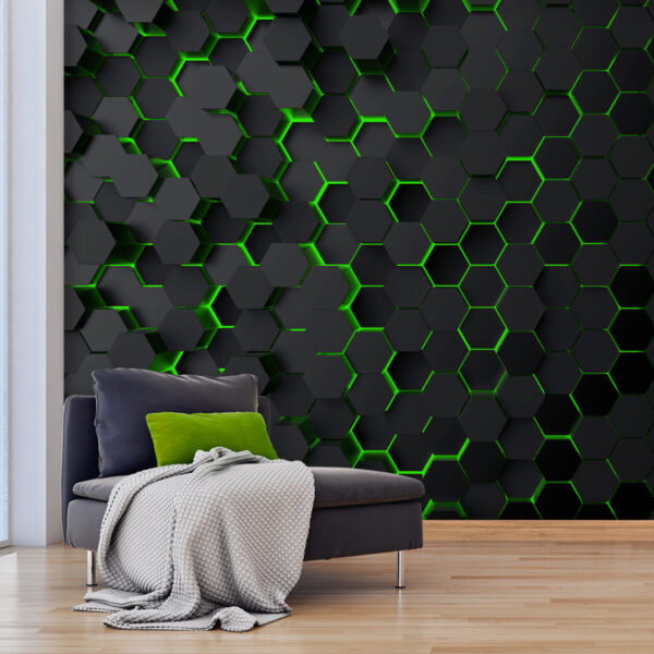Papier peint Papier peint Hexagones noirs avec lumière verte (UGS : u93618v1)
