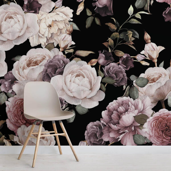 Motif floral vibrant sur fond noir Papier peint Motif floral vibrant sur fond noir