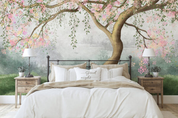 Des fleurs sereines encadrent un paysage tranquille Papier peint Des fleurs sereines encadrent un paysage tranquille