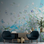 Papier peint Fleurs blanches avec papillons en vol