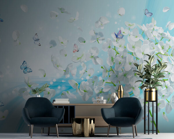 Fleurs blanches avec papillons en vol Papier peint Fleurs blanches avec papillons en vol