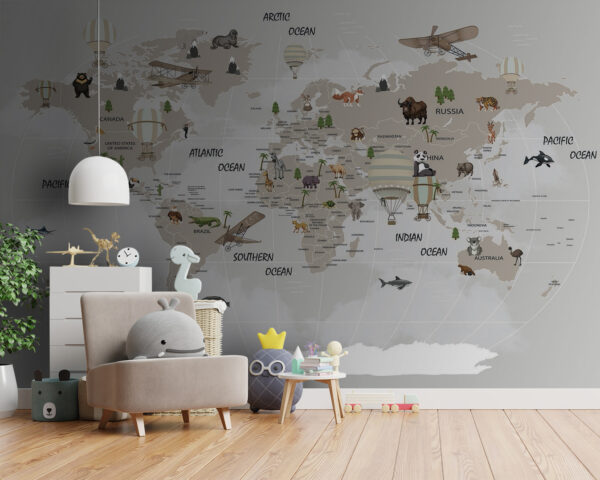 Carte du monde avec animaux Papier peint Carte du monde avec animaux