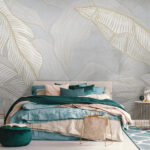 Papier peint Feuilles blanches et orange sur fond gris