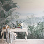 Papier peint Plantes tropicales dans une jungle brumeuse.