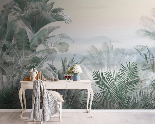 Plantes tropicales dans une jungle brumeuse Papier peint Plantes tropicales dans une jungle brumeuse