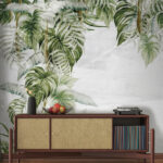 Papier peint Feuilles tropicales sur fond doux.