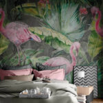 Papier peint Flamant rose et feuilles vertes