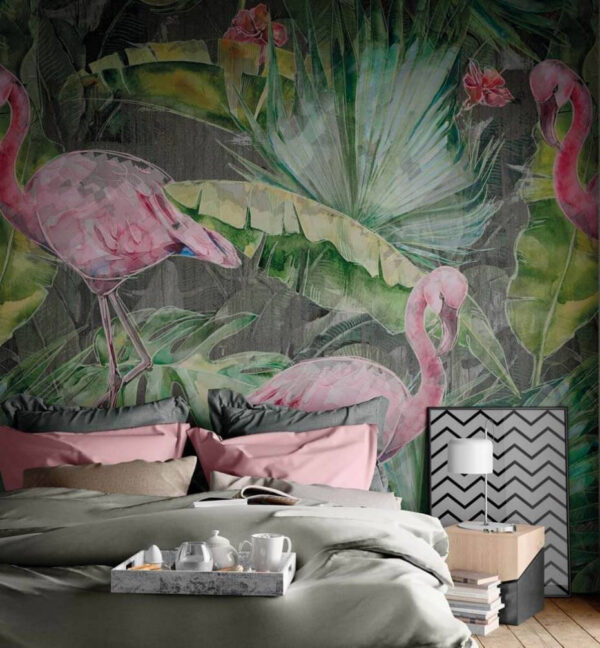 Flamant rose et feuilles vertes Papier peint Flamant rose et feuilles vertes