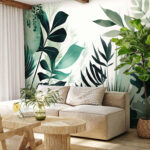 Papier peint Feuilles vertes luxuriantes sur fond blanc.