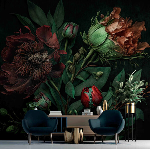 Des fleurs éclatantes sous un éclairage dramatique Papier peint Des fleurs éclatantes sous un éclairage dramatique