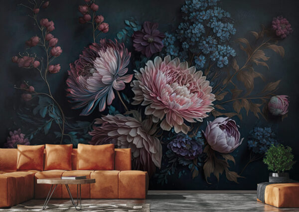Arrangement floral vibrant dans des tons sombres Papier peint Arrangement floral vibrant dans des tons sombres