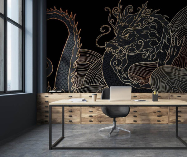 Un dragon mystique s'élève dans une obscurité inquiétante Papier peint Un dragon mystique s'élève dans une obscurité inquiétante