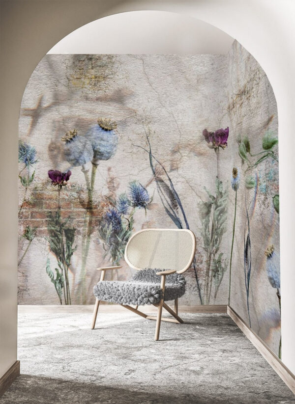 Collage botanique sur fond texturé Papier peint Collage botanique sur fond texturé