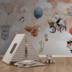 Papier peint Animaux de dessins animés volant avec des ballons