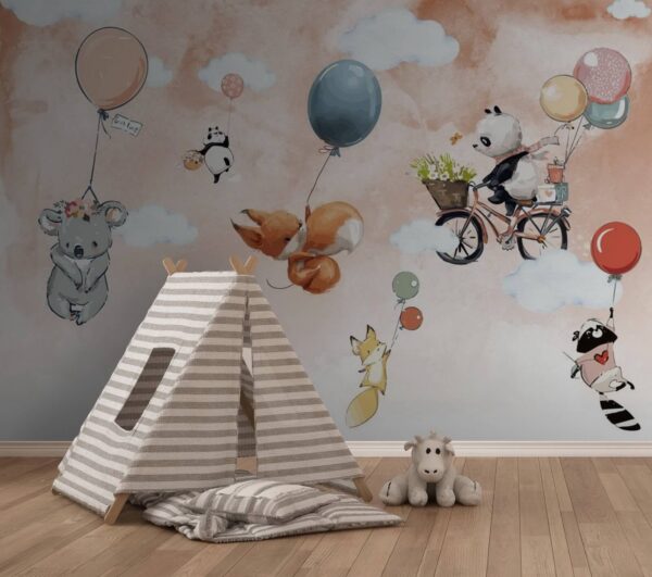 Animaux de dessins animés volant avec des ballons Papier peint Animaux de dessins animés volant avec des ballons